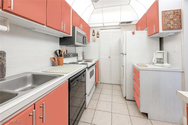 kitchen with black dishwasher, white electric range oven, light tile patterned floors, and sink