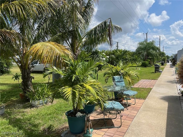 view of property's community with a yard and a patio