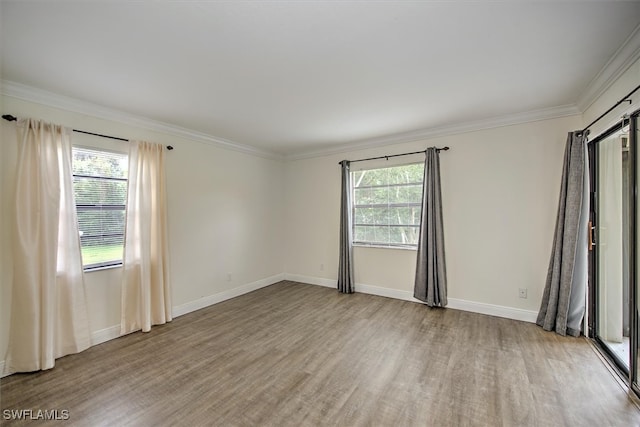 spare room with ornamental molding, a wealth of natural light, and light wood-type flooring