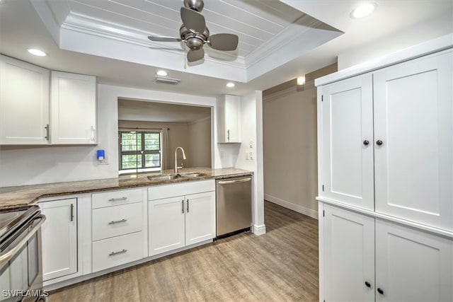 kitchen featuring white cabinets, appliances with stainless steel finishes, a raised ceiling, and sink