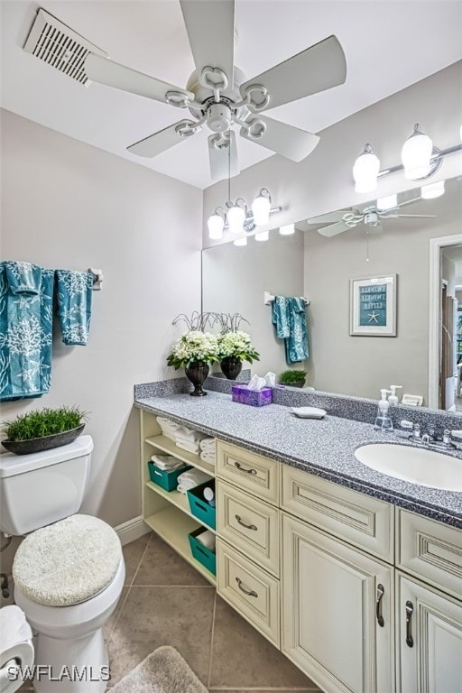 bathroom featuring tile patterned floors, ceiling fan, vanity, and toilet