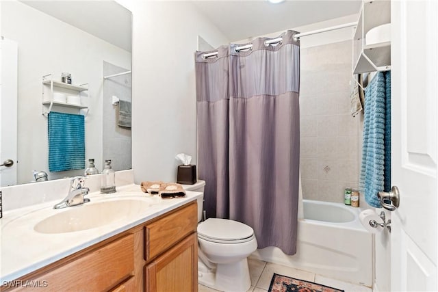 full bath with shower / bath combo with shower curtain, toilet, tile patterned floors, and vanity