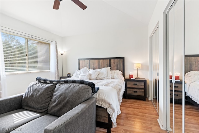 bedroom with ceiling fan and light wood-type flooring