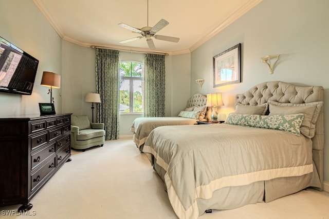 bedroom with ceiling fan, light colored carpet, and crown molding