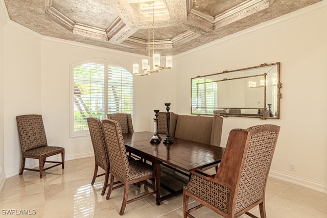 dining space with coffered ceiling, a notable chandelier, crown molding, and beam ceiling