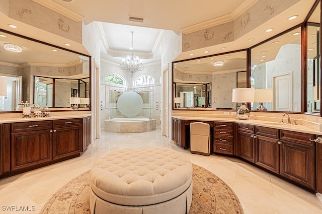 bathroom with crown molding, vanity, separate shower and tub, and a chandelier