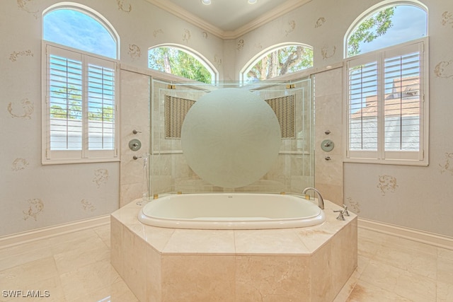 bathroom with separate shower and tub, tile patterned floors, and crown molding