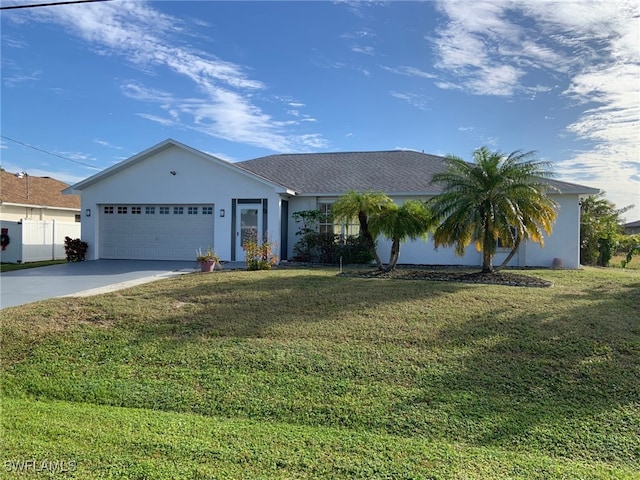 single story home with a front yard and a garage