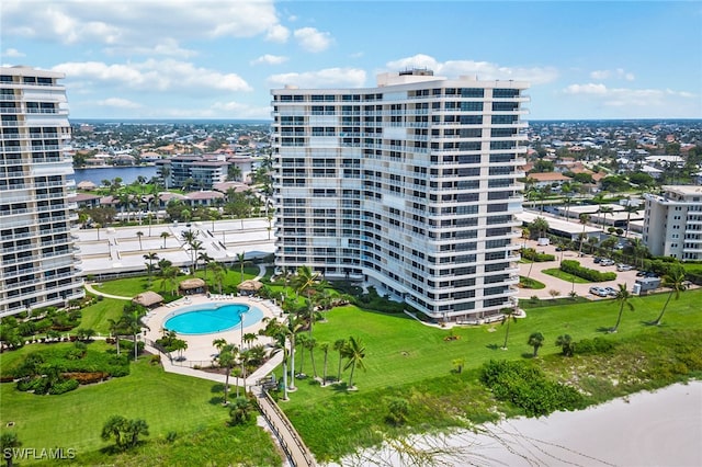 drone / aerial view featuring a water view