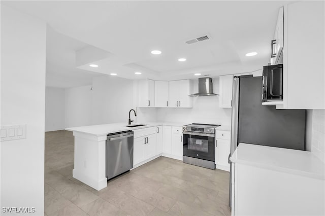 kitchen featuring appliances with stainless steel finishes, white cabinets, kitchen peninsula, sink, and wall chimney range hood