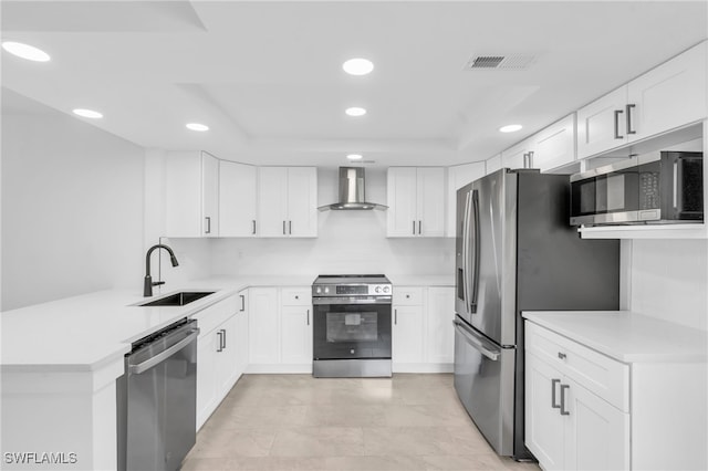 kitchen with white cabinets, kitchen peninsula, sink, wall chimney range hood, and stainless steel appliances