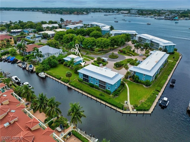 drone / aerial view featuring a water view