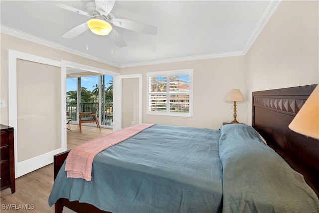 bedroom with access to exterior, hardwood / wood-style flooring, ceiling fan, and crown molding