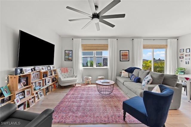 living room featuring light hardwood / wood-style floors and ceiling fan