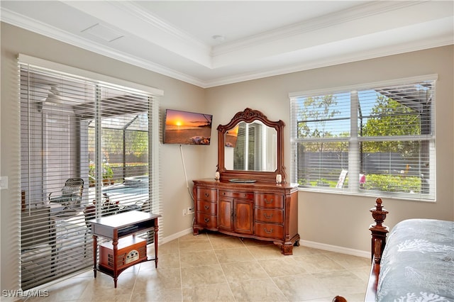 tiled bedroom with ornamental molding