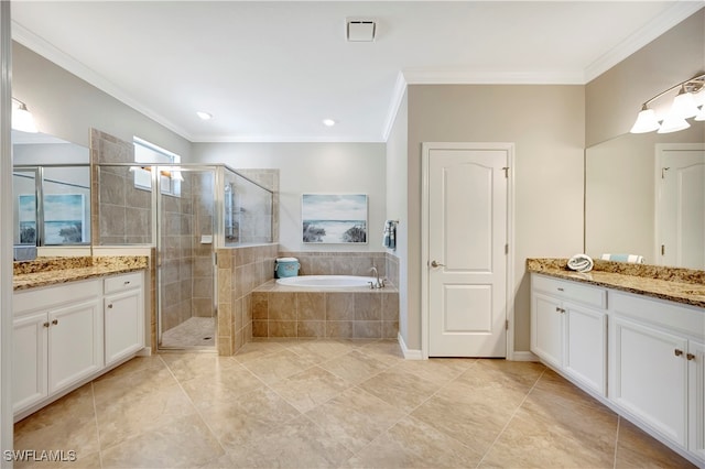 bathroom with independent shower and bath, vanity, and ornamental molding