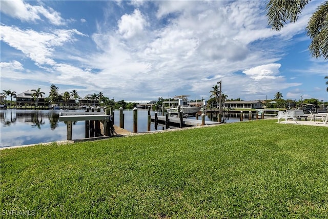 dock area featuring a yard and a water view