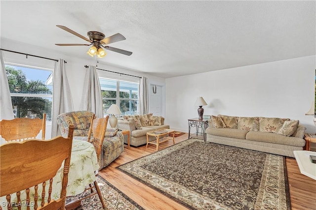 living room with ceiling fan, wood-type flooring, and a textured ceiling