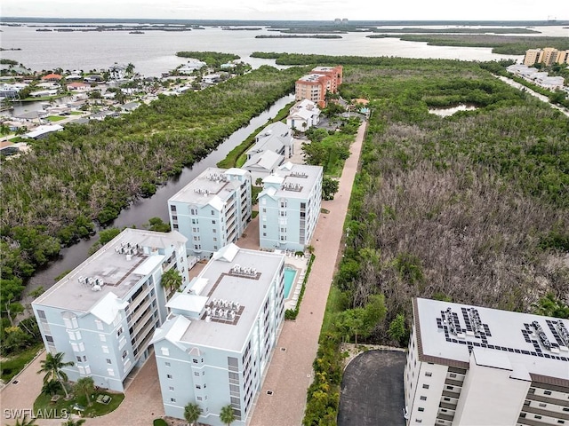 bird's eye view with a water view