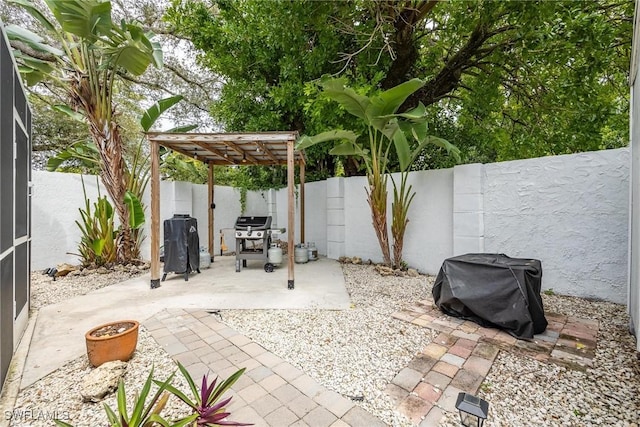 view of patio / terrace with a grill and a pergola