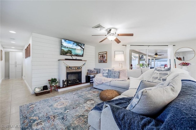 tiled living room with wooden walls