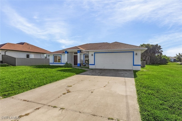 single story home featuring a front yard and a garage