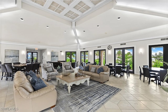 living room featuring beam ceiling, light tile patterned flooring, french doors, and high vaulted ceiling