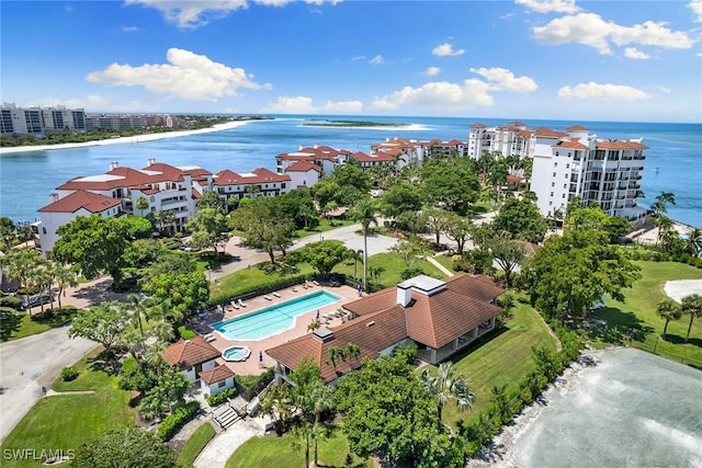 aerial view featuring a water view