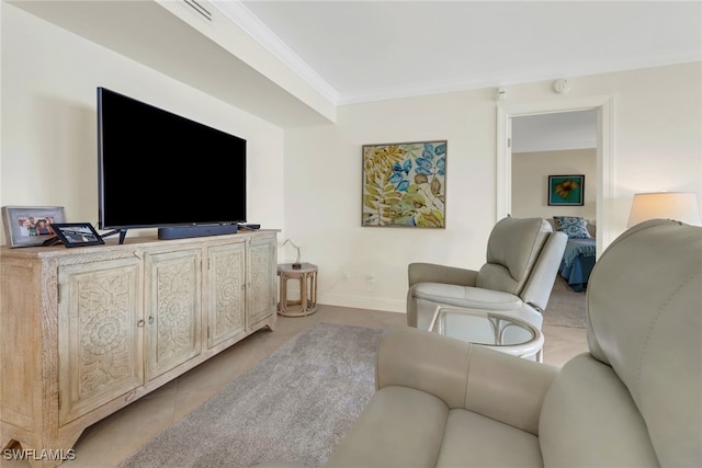 tiled living room with ornamental molding