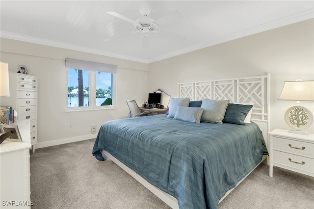 bedroom with ceiling fan, light colored carpet, and ornamental molding