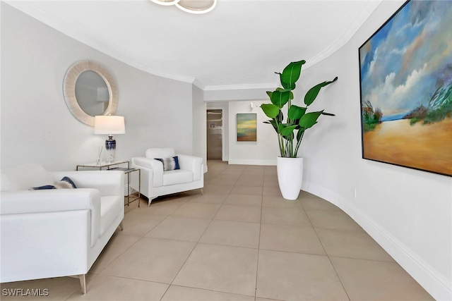 living room with light tile patterned floors and crown molding