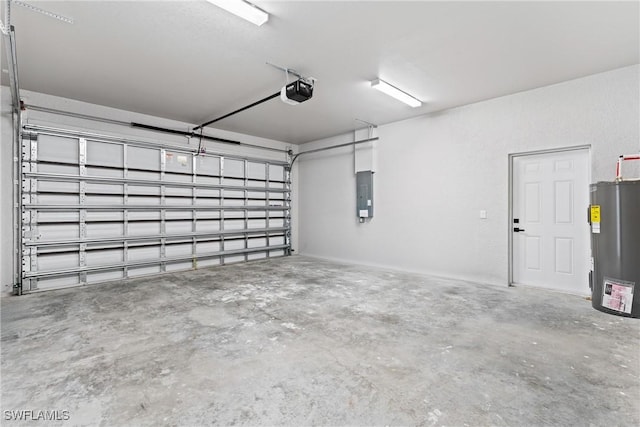 garage featuring a garage door opener, electric water heater, and electric panel