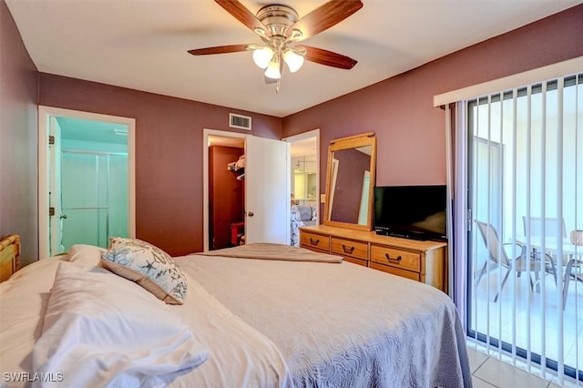 bedroom featuring light tile patterned floors and ceiling fan