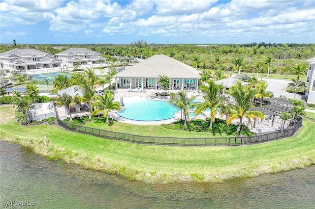 aerial view featuring a water view