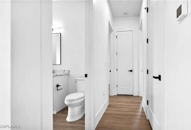 bathroom featuring vanity, wood finished floors, and toilet