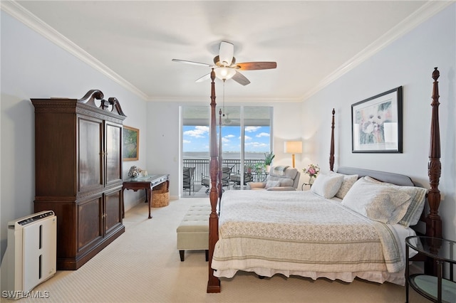 bedroom with access to exterior, ceiling fan, light carpet, and ornamental molding