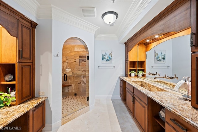 bathroom featuring vanity, walk in shower, and ornamental molding