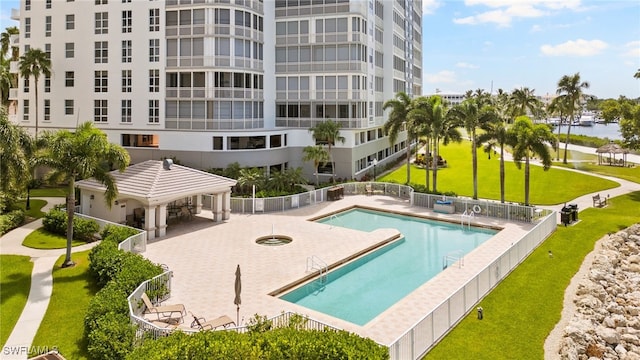 view of swimming pool with a gazebo, a yard, and a patio area