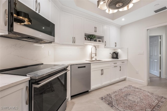 kitchen featuring visible vents, dishwasher, black / electric stove, open shelves, and a sink