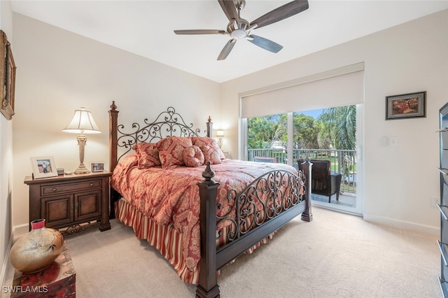 bedroom featuring access to outside, baseboards, a ceiling fan, and light colored carpet