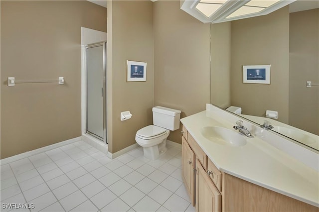 bathroom featuring tile patterned flooring, toilet, vanity, baseboards, and a shower stall