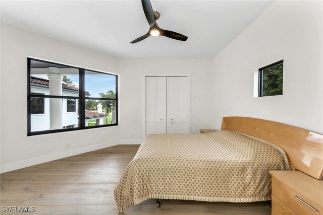 bedroom with a closet, ceiling fan, multiple windows, and hardwood / wood-style floors