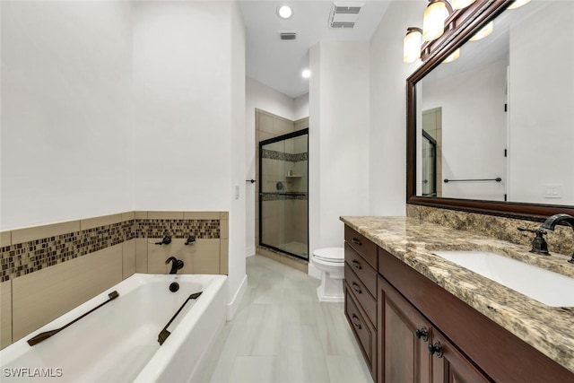 full bathroom with toilet, separate shower and tub, and vanity