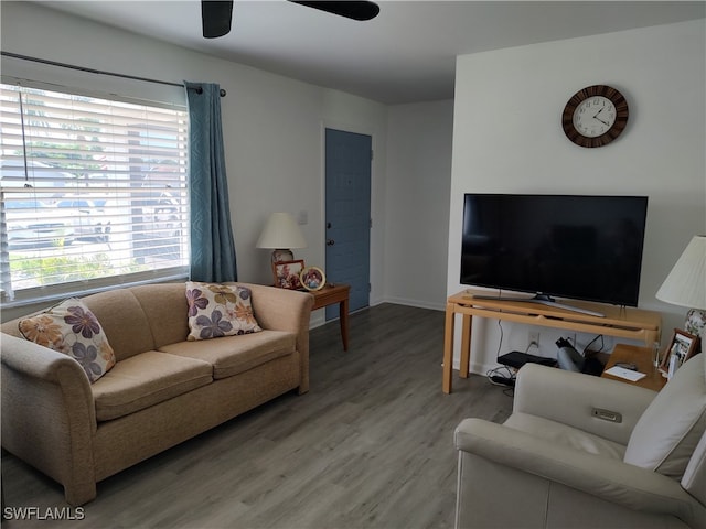 living room with hardwood / wood-style floors, ceiling fan, and plenty of natural light