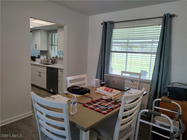 dining space with dark hardwood / wood-style floors and sink