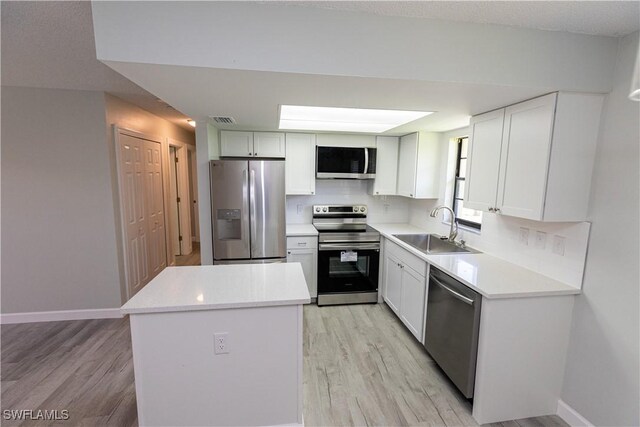 kitchen with light hardwood / wood-style floors, a center island, sink, white cabinets, and appliances with stainless steel finishes