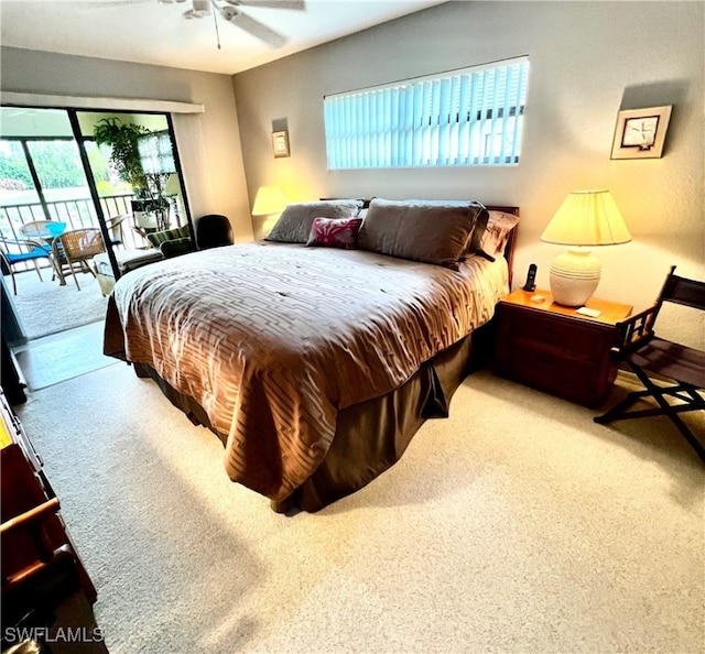 bedroom featuring ceiling fan, carpet floors, and access to exterior