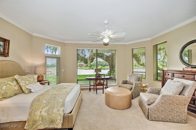 bedroom with ceiling fan and ornamental molding