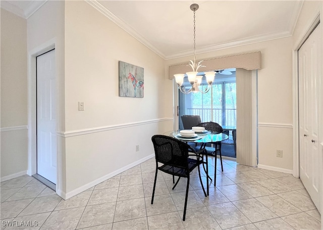 tiled dining space with a notable chandelier, lofted ceiling, and crown molding