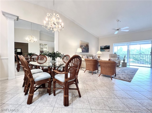 tiled dining area featuring ceiling fan with notable chandelier, ornamental molding, and high vaulted ceiling